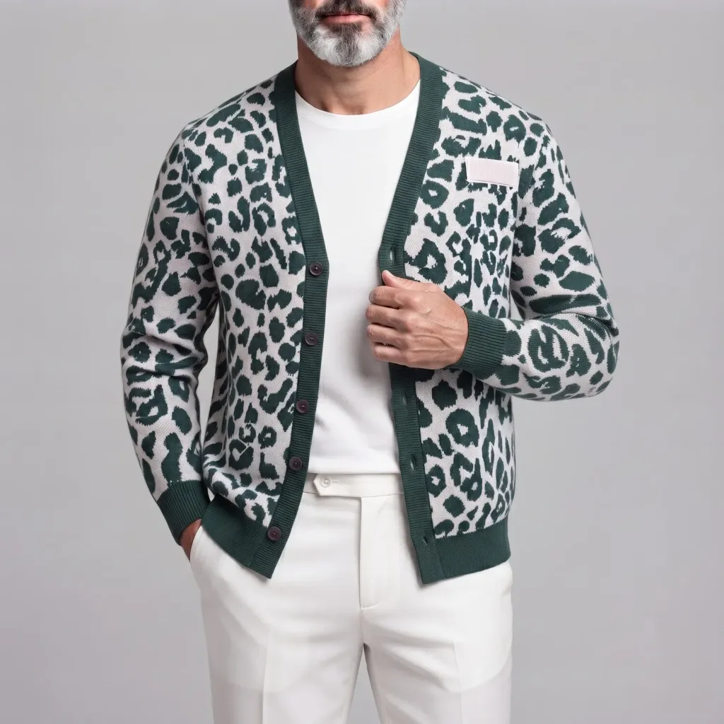 Men's Green Leopard Spotted Pattern Single Breasted Slim Fit Knit Sweater Cardigan