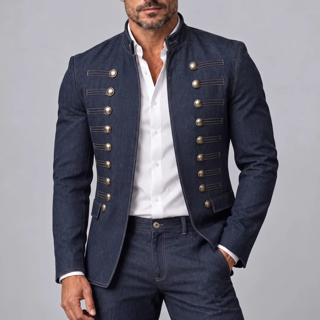 Men's Vintage Dark Blue Stand Collar Double-Breasted Gold Button Denim-Like Hussar Jacket