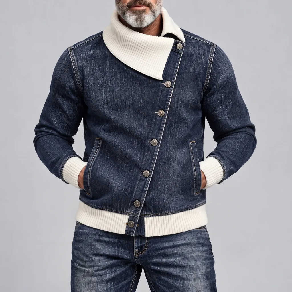 Men's Dark Blue Denim Contrast Ribbed High Neck Asymmetrical Buttons Jacket