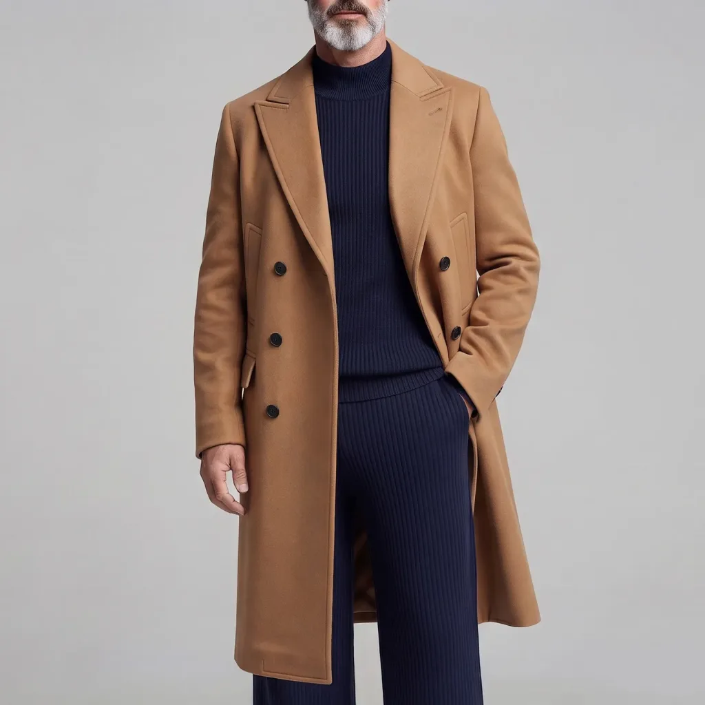 Men's Ginger Yellow Plain Double-Breasted Peak Lapel Long Trench Coat