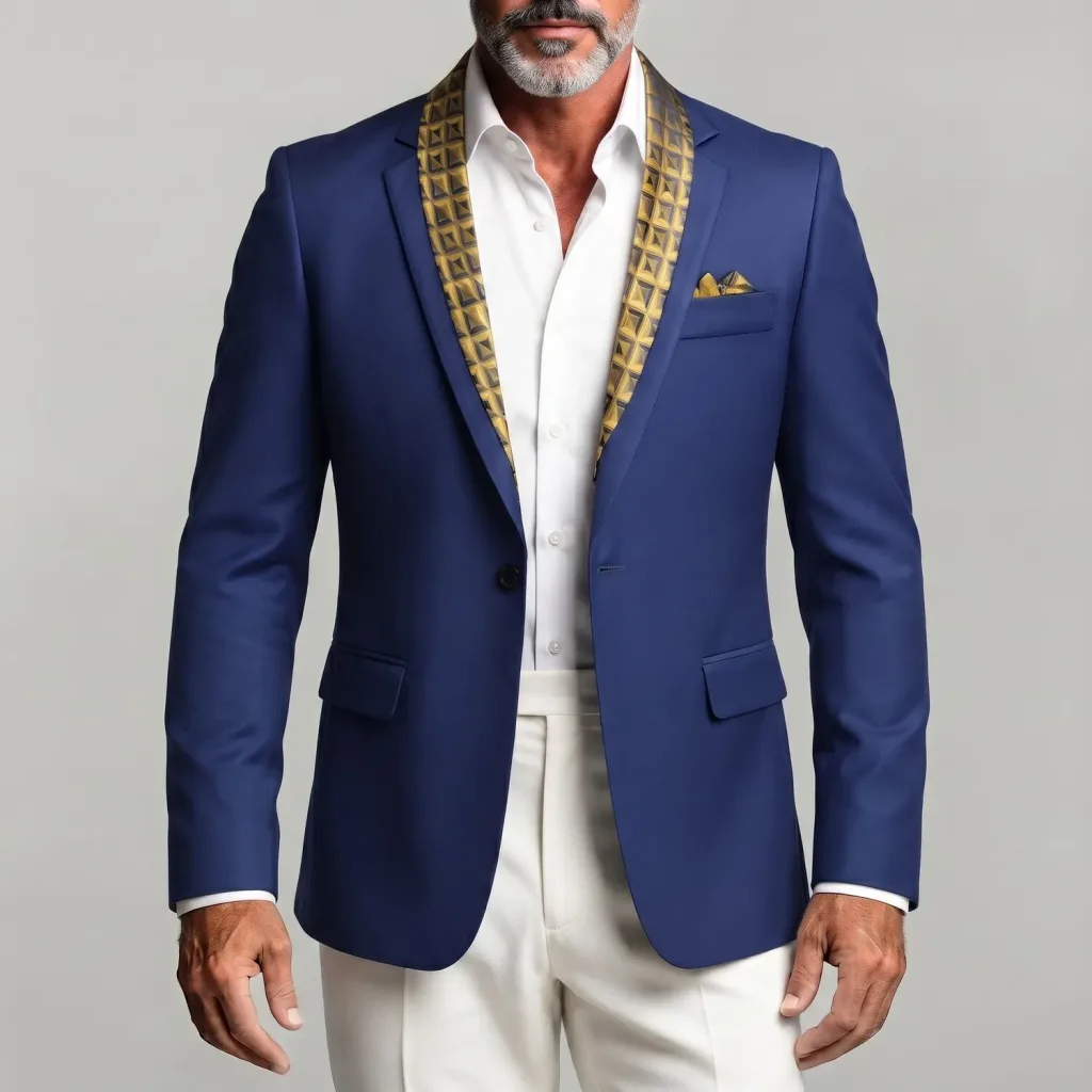 Men's Formal Navy Blue Contrast Geometric Pattern Notch Lapel Single Breasted Slim Fit Blazer