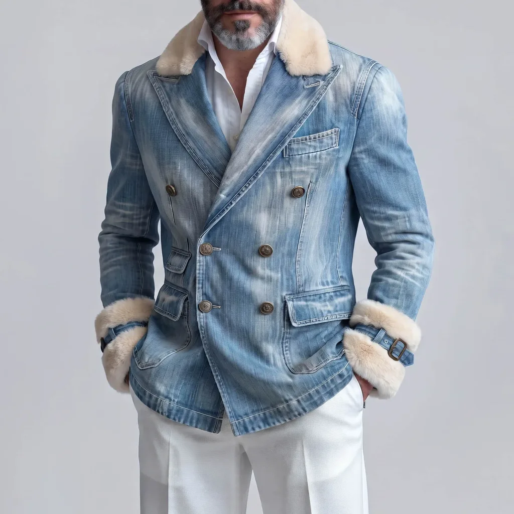 Men's Vintage Blue Contrast Fluffy Lapel Double Breasted Washed Denim Blazer