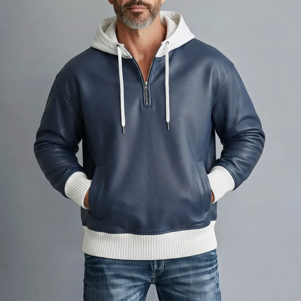 Men's Navy Blue PU Leather Contrast Ribbed Trim Slant Pocket Half-Zip Hoodie