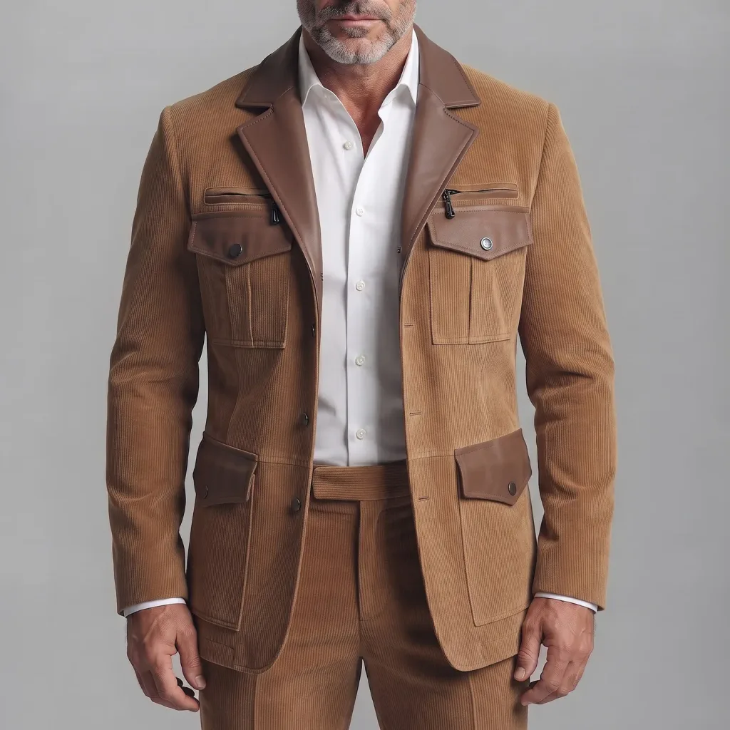 Men's Camel Corduroy Spliced PU Leather Multi-Pocket Notch Lapel Slim Fit Blazer