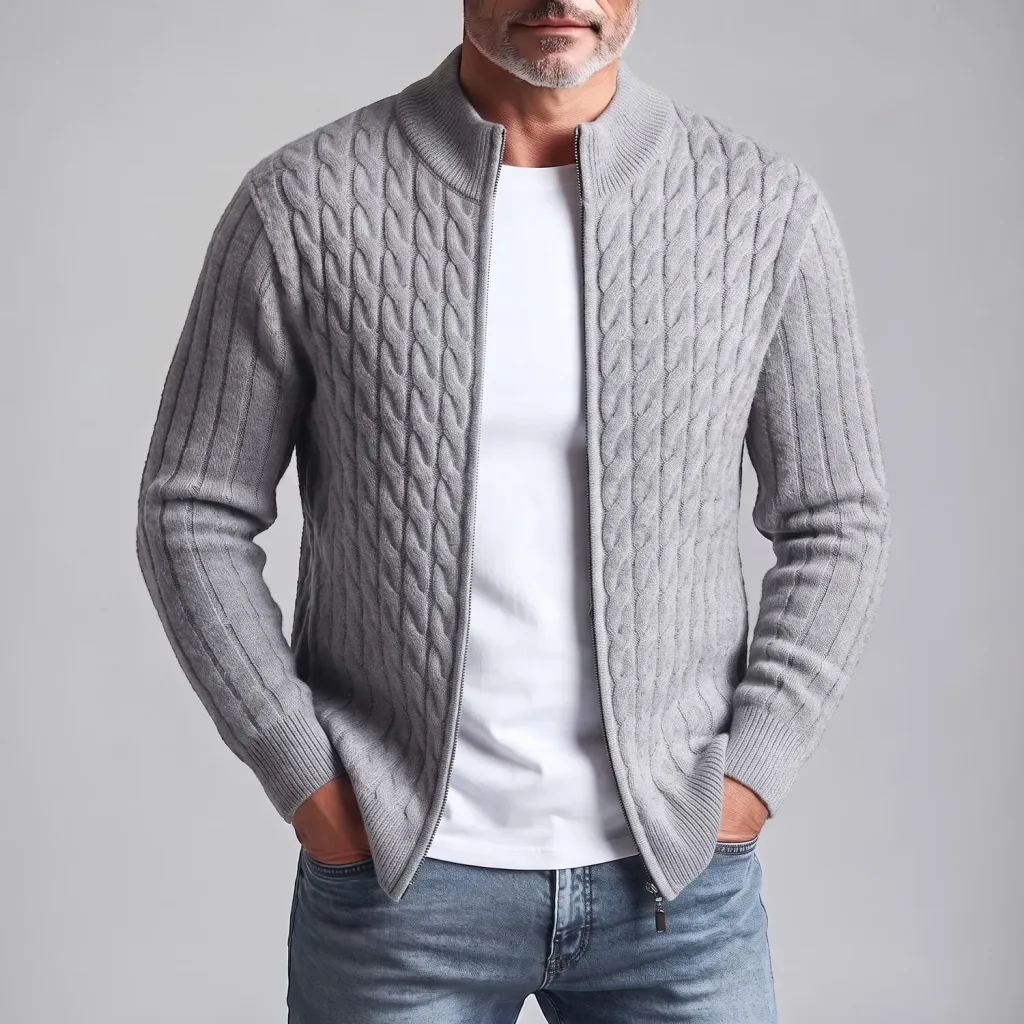 Men's Casual Gray Stand Collar Zipper Slim Fit Cable Knit Sweater Cardigan