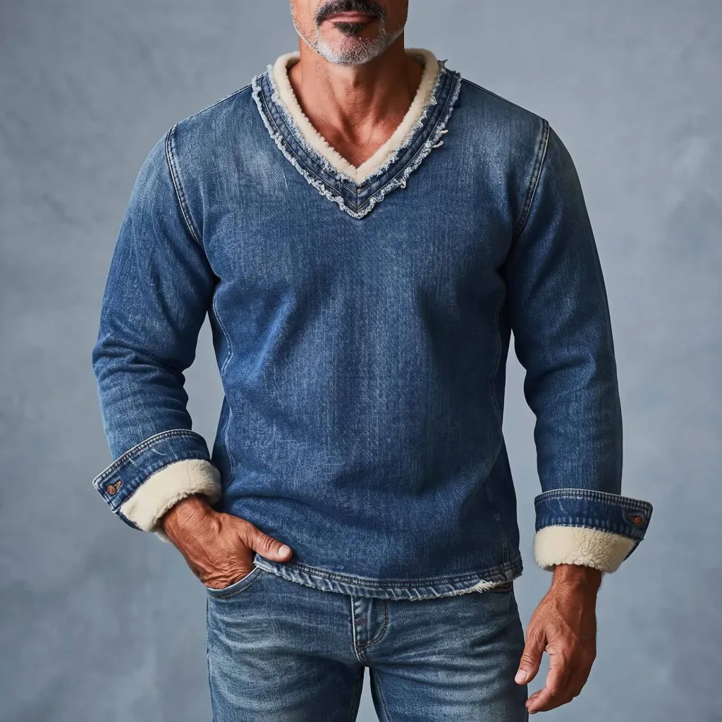 Men's Vintage Denim Raw Edge V Neck Fleece Lined Long Sleeve Pullover Sweatshirt