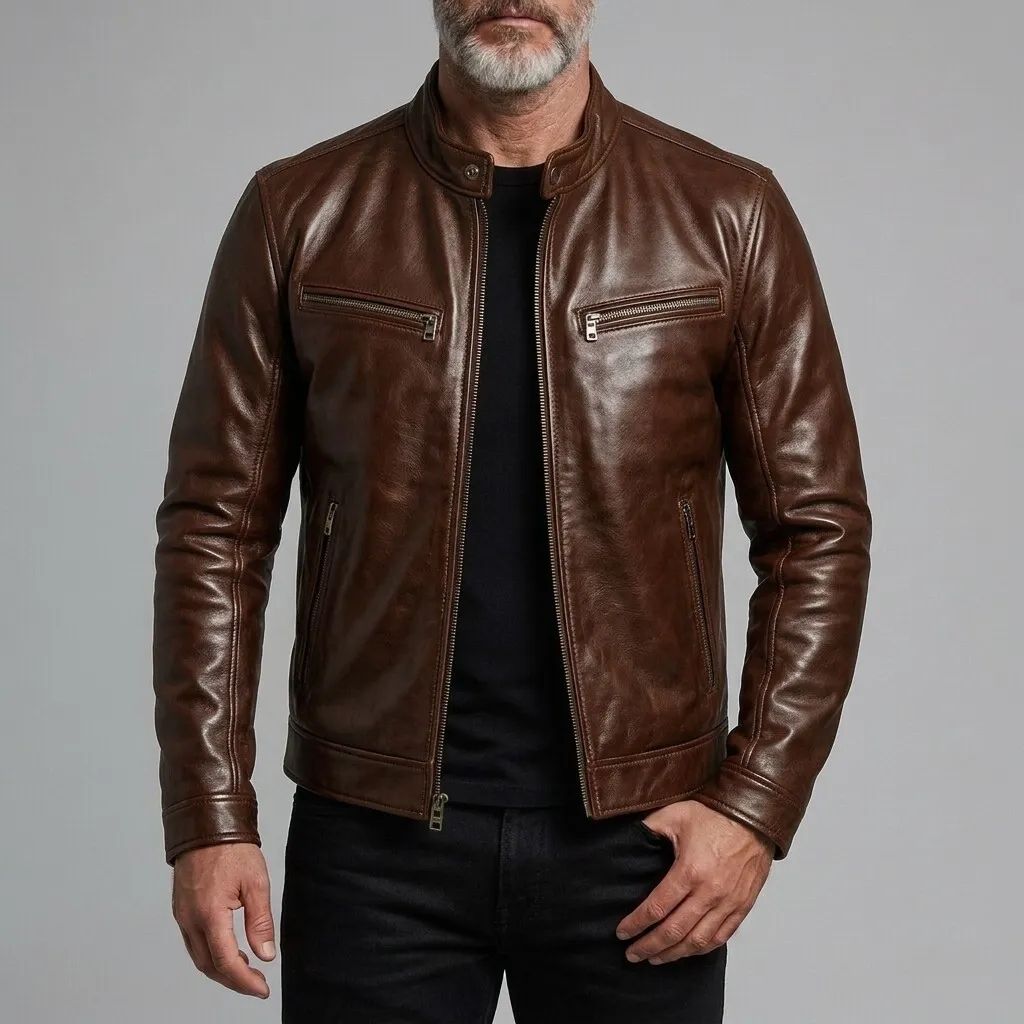 Men's Classic Zipper Pockets Stand Collar Snap Button Slim Fit PU Leather Jacket