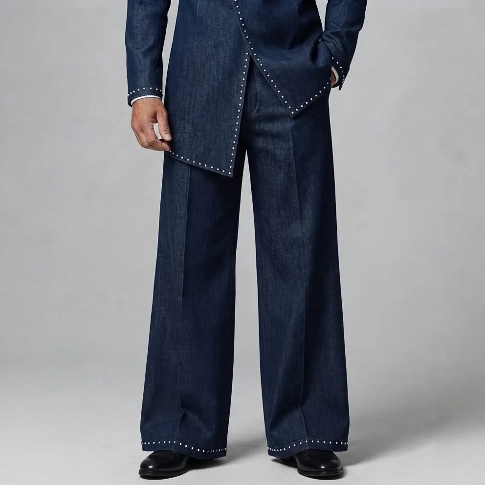 Men's Navy Blue Denim Studded High Waist Straight Wide Leg Pants