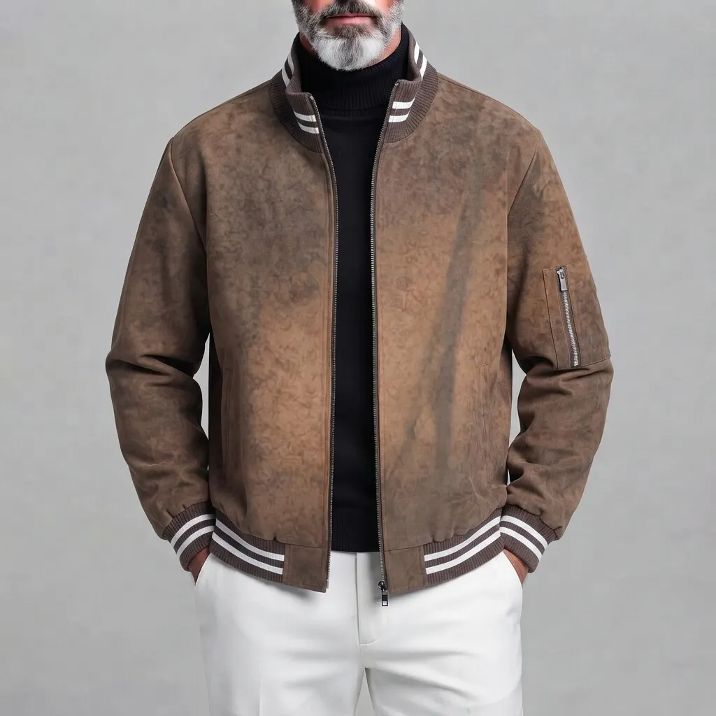 Men's Retro Suede Stand Collar Contrast Striped Trim Distressed Zip-Up Jacket