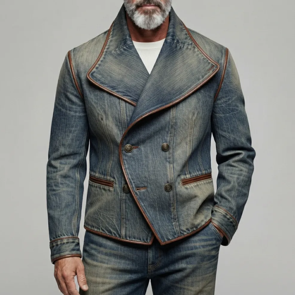 Men's Vintage Washed Denim Contrast Piping Welt Pocket Lapel Collar Double-Breasted Jacket