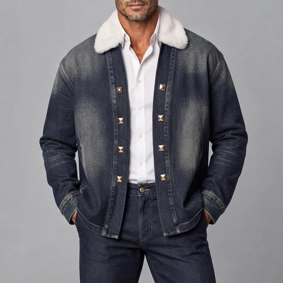 Men's Dark Blue Vintage Distress Denim Contrast Fuzzy Collar Slant Pocket Studded Jacket