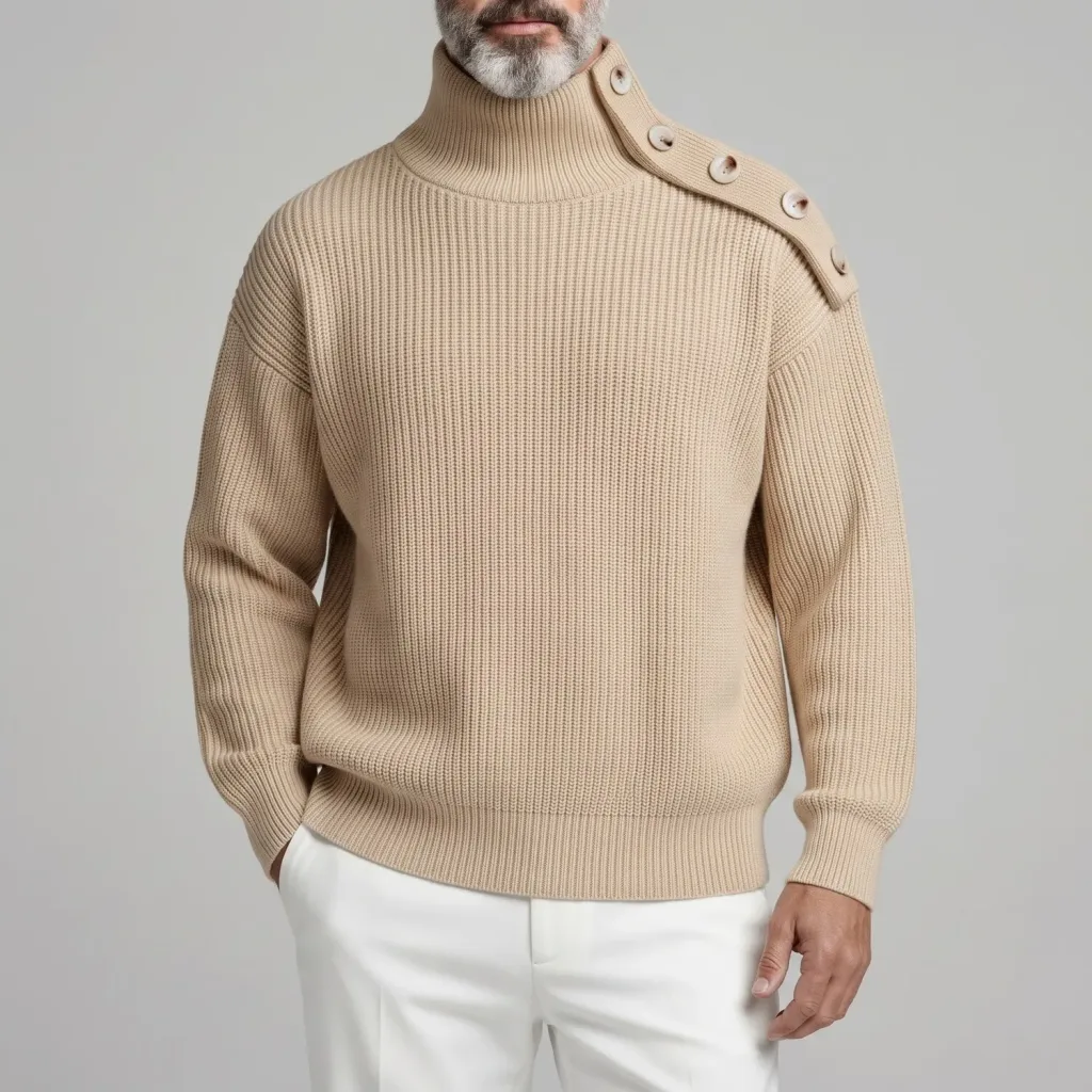 Men's Plain High Neck Drop Shoulder Asymmetric Button Pullover Knit Sweater