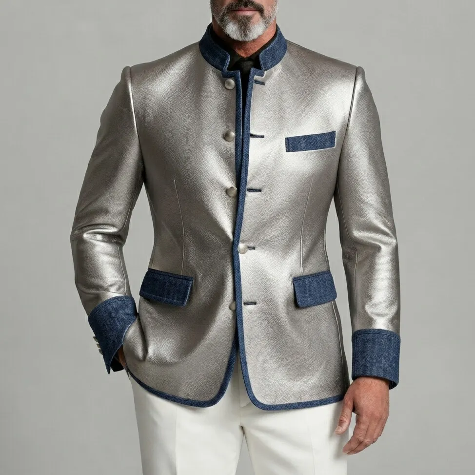 Men's Vintage Silver Mandarin Collar Single Breasted Denim Trim Slim Fit PU Leather Jacket
