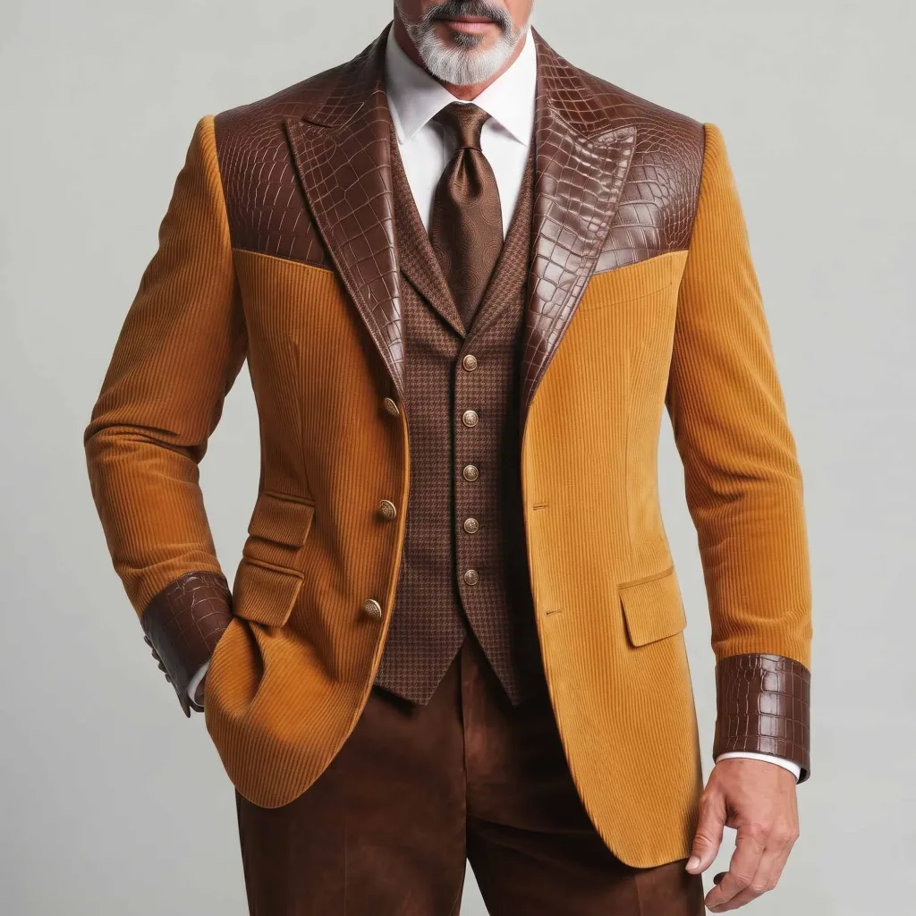 Men's Yellow Corduroy Patchwork PU Leather Peak Lapel Two-Tone Slim Fit Blazer