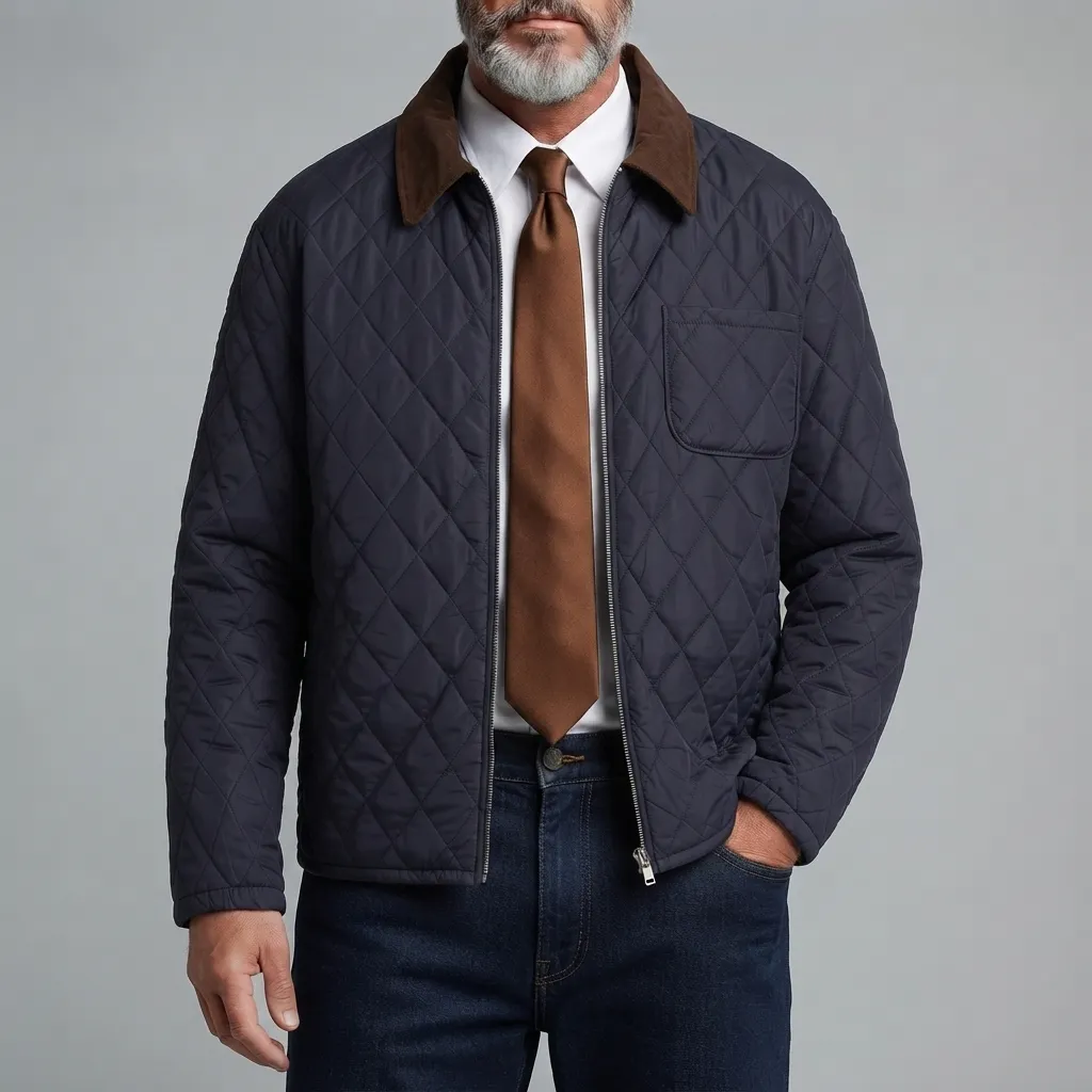 Men's Dark Blue Contrast Turndown Collar Chest Pocket Quilted Zip-Up Jacket