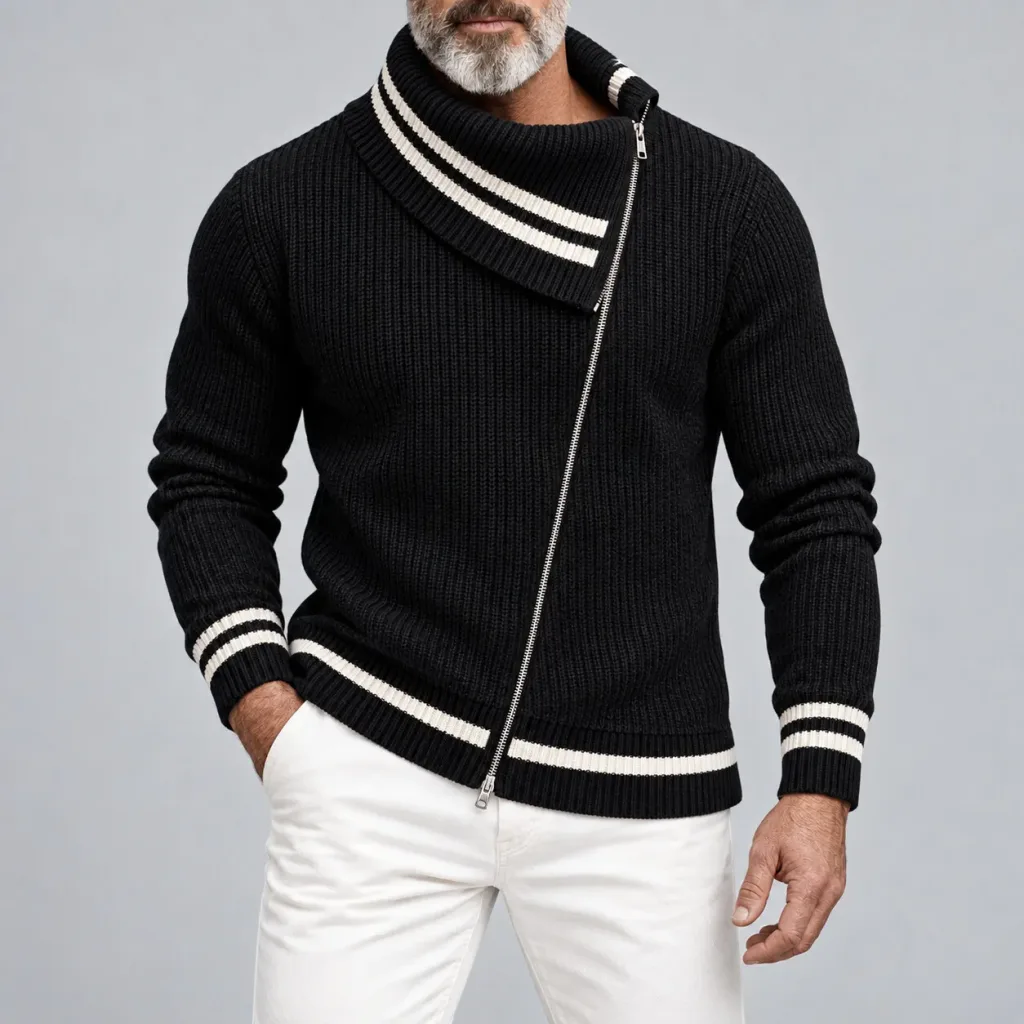 Men's Black Turtleneck Contrast Trim Asymmetric Zipper Ribbed Knit Sweater Cardigan