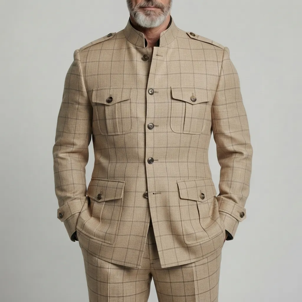 Men's Khaki Plaid Print Stand Collar Multi-Pocket Single Breasted Jacket