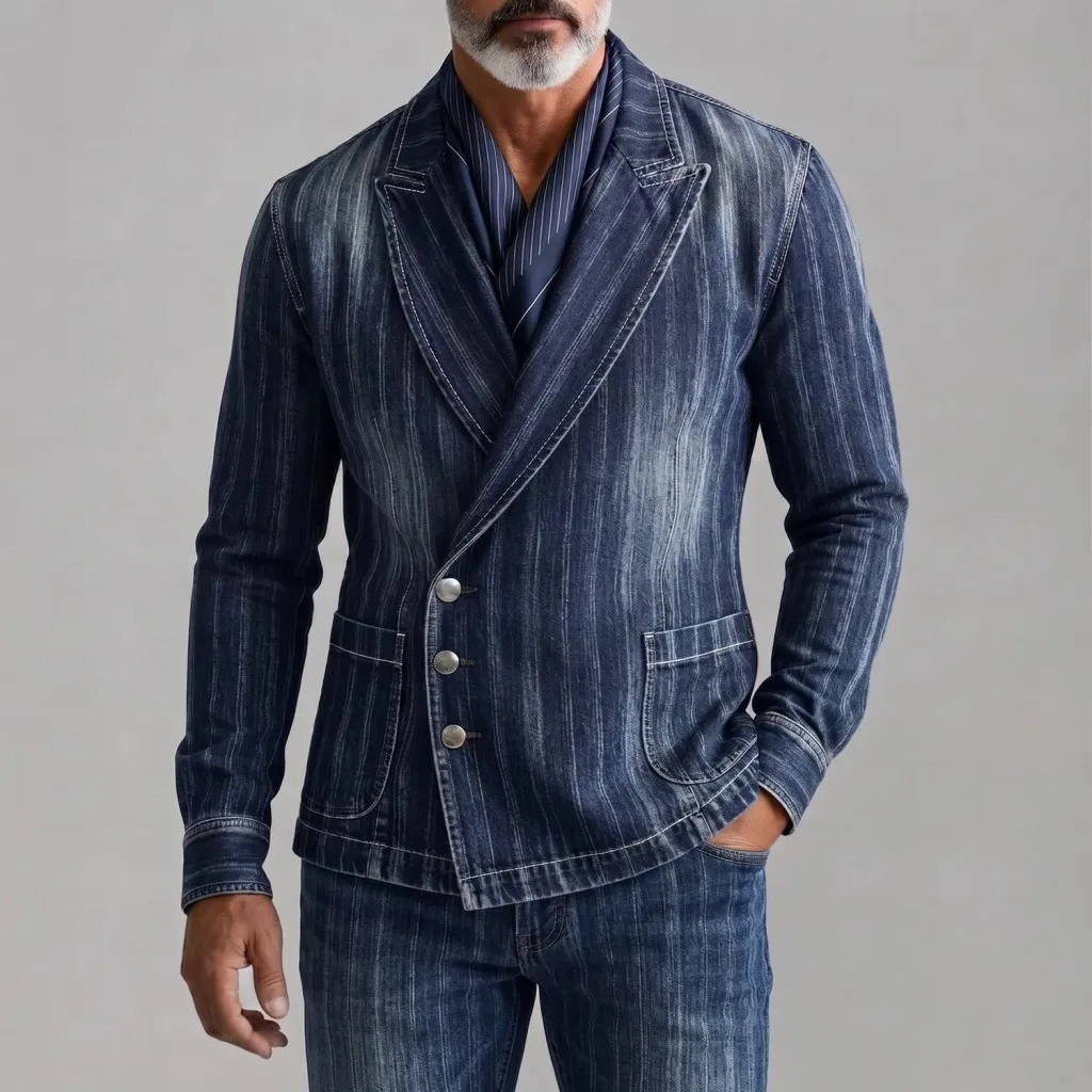 Men's Navy Blue Striped Denim Peak Lapel Asymmetric Single Breasted Blazer