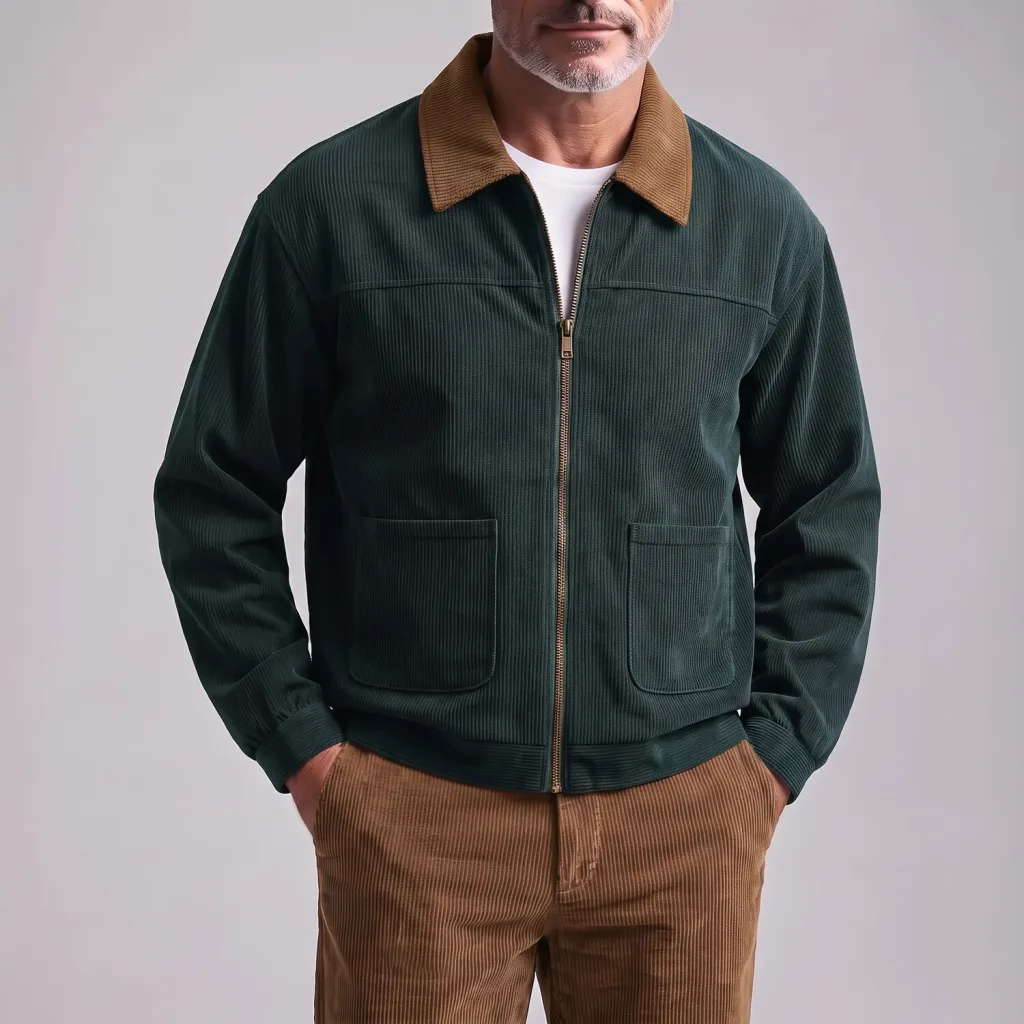 Men's Vintage Contrast Turndown Collar Patch Pocket Zip Up Corduroy Bomber Jacket
